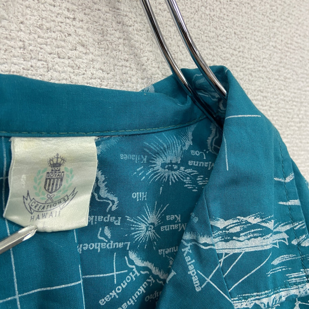 70s　Royal Creations　ロイヤル・クリエーションズ　開襟半袖シャツ/アロハシャツ　ハワイ製　総柄　青　ブルー　Lサイズ　古着