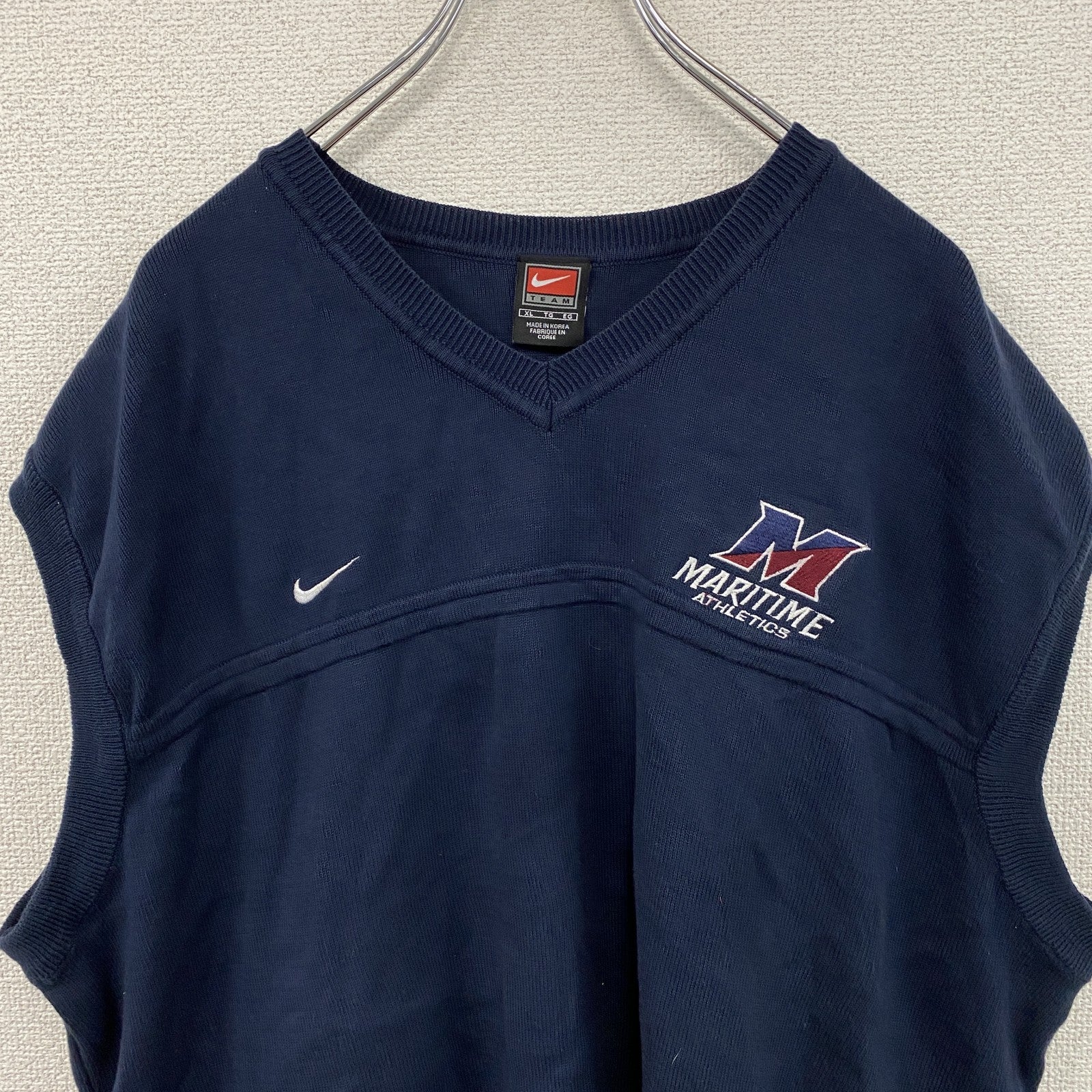 90s　NIKE　ナイキ　コットンニットベスト　スウッシュ　ヴィンテージ　紺　ネイビー　XLサイズ　古着