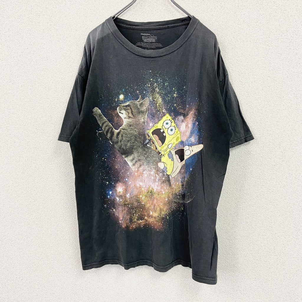 SpongeBob　スポンジボブ　半袖アニメプリントTシャツ　パトリック　黒　ブラック　Lサイズ　古着