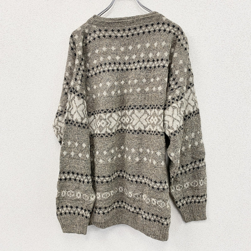 ～90s　Bossini　ウールニットセーター　ヴィンテージ　総柄　灰茶　XLサイズ　古着