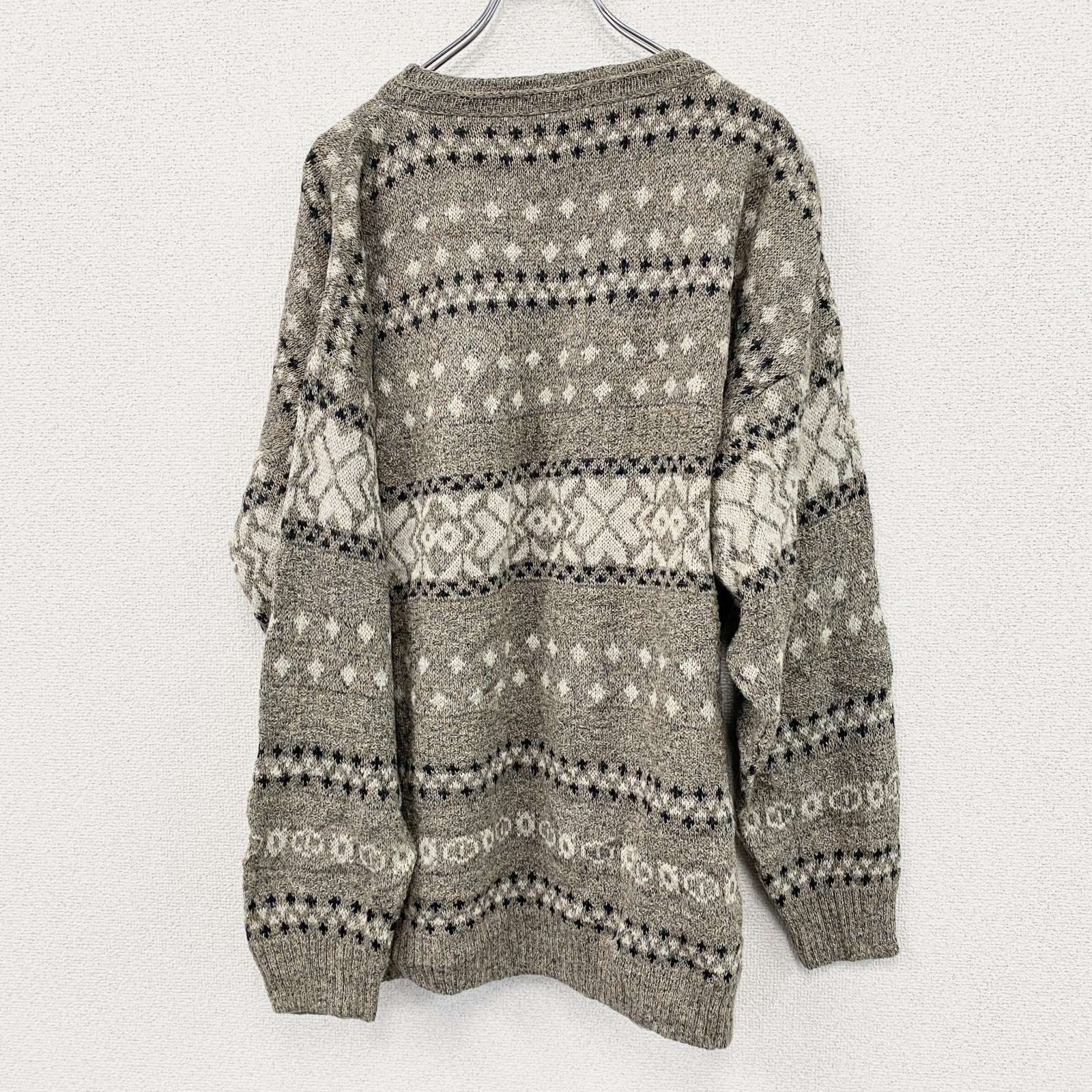 ～90s　Bossini　ウールニットセーター　ヴィンテージ　総柄　灰茶　XLサイズ　古着