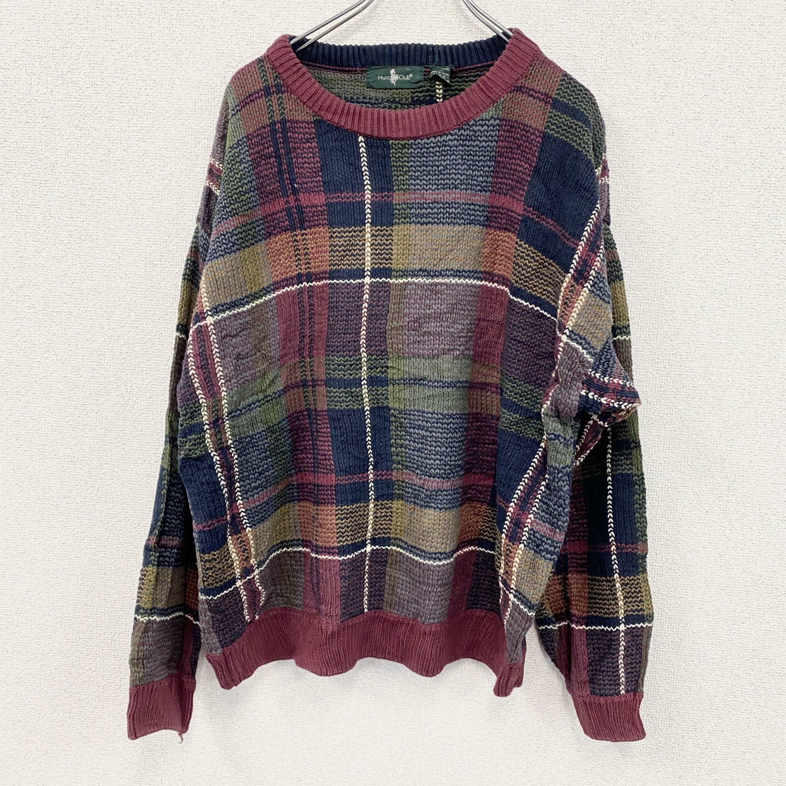 ～90s　Hunt Club　コットンニットセーター　ヴィンテージ　総柄　マルチカラー　チェック柄　XLサイズ　古着