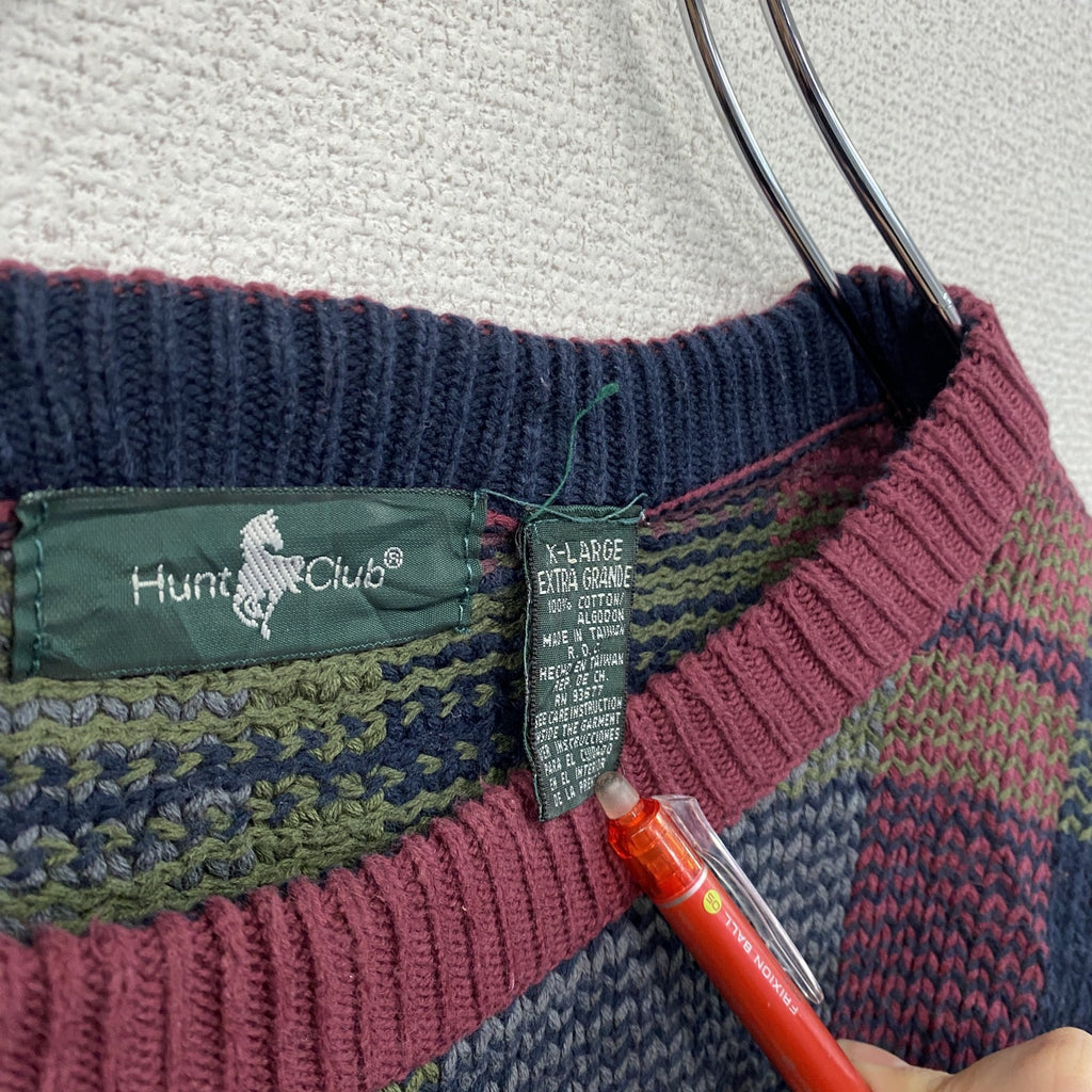 ～90s　Hunt Club　コットンニットセーター　ヴィンテージ　総柄　マルチカラー　チェック柄　XLサイズ　古着