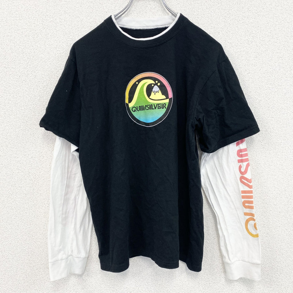 Quiksilver　クイックシルバー　長袖プリントレイヤードTシャツ　デカロゴ　クルーネック　黒　ブラック　XLサイズ　古着