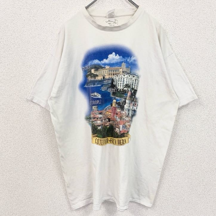 B&C　半袖ビッグプリントTシャツ　モナコ　街並み　クルーネック　白　ホワイト　ビッグシルエット　2XLサイズ　古着