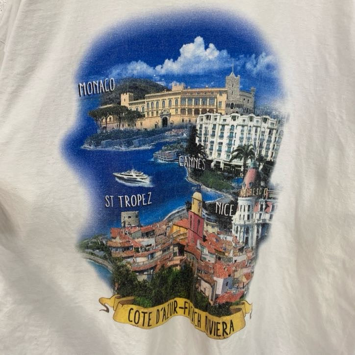 B&C　半袖ビッグプリントTシャツ　モナコ　街並み　クルーネック　白　ホワイト　ビッグシルエット　2XLサイズ　古着