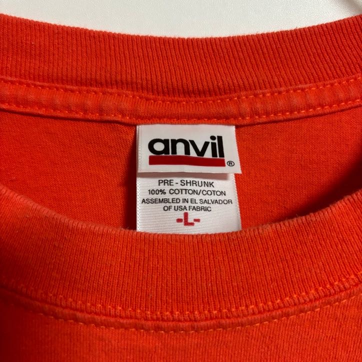 古着 used　anvil　半袖クルーネックTシャツ　バックプリント　オクラコーク島　カジキ　オレンジ　春夏服　Lサイズ