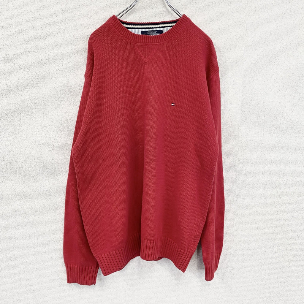 TOMMY HILFIGER　トミーヒルフィガー　コットンニットセーター　両V　赤　レッド　Mサイズ　古着