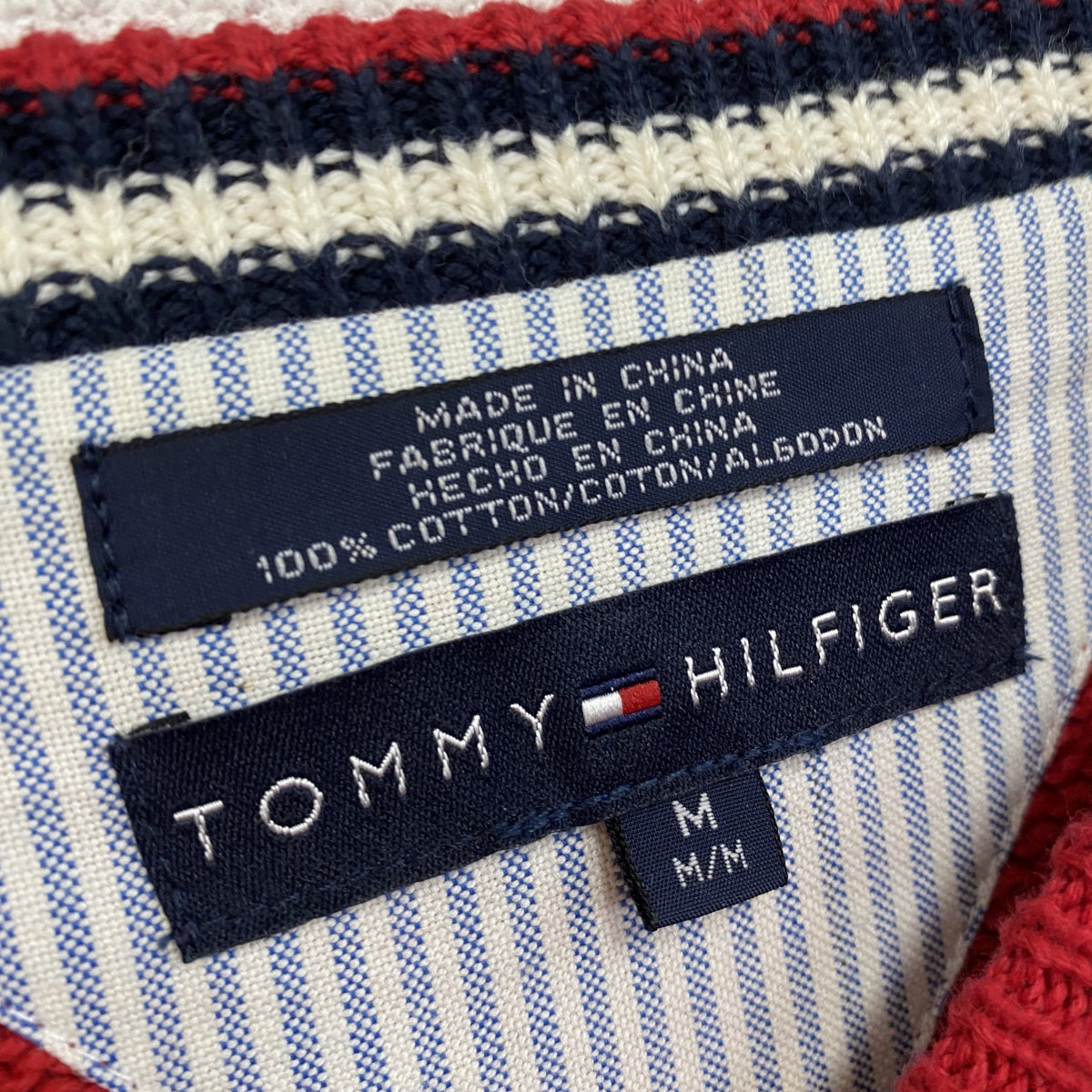 TOMMY HILFIGER　トミーヒルフィガー　コットンニットセーター　両V　赤　レッド　Mサイズ　古着