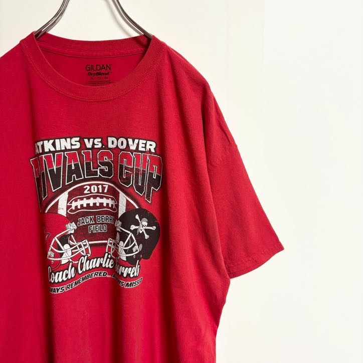 GILDAN　ギルダン　半袖プリントTシャツ　アメフト　スポーツ　赤　レッド　春夏服　ビッグシルエット　XLサイズ　古着