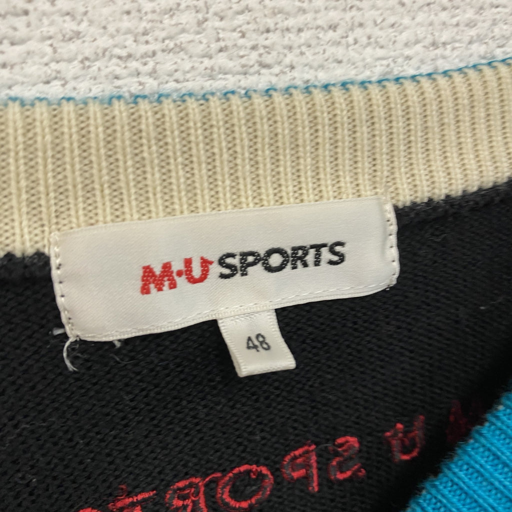 MU SPORT　MUスポーツ　ウールニットセーター　犬　ゴルフウェア　黒　ブラック　48サイズ メンズ アクリル 古着