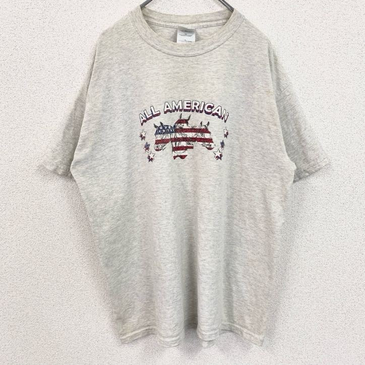 GILDAN　ギルダン　半袖アニマルプリント霜降り柄Tシャツ　アメリカ　馬　クルーネック　グレー　灰色　XLサイズ　古着