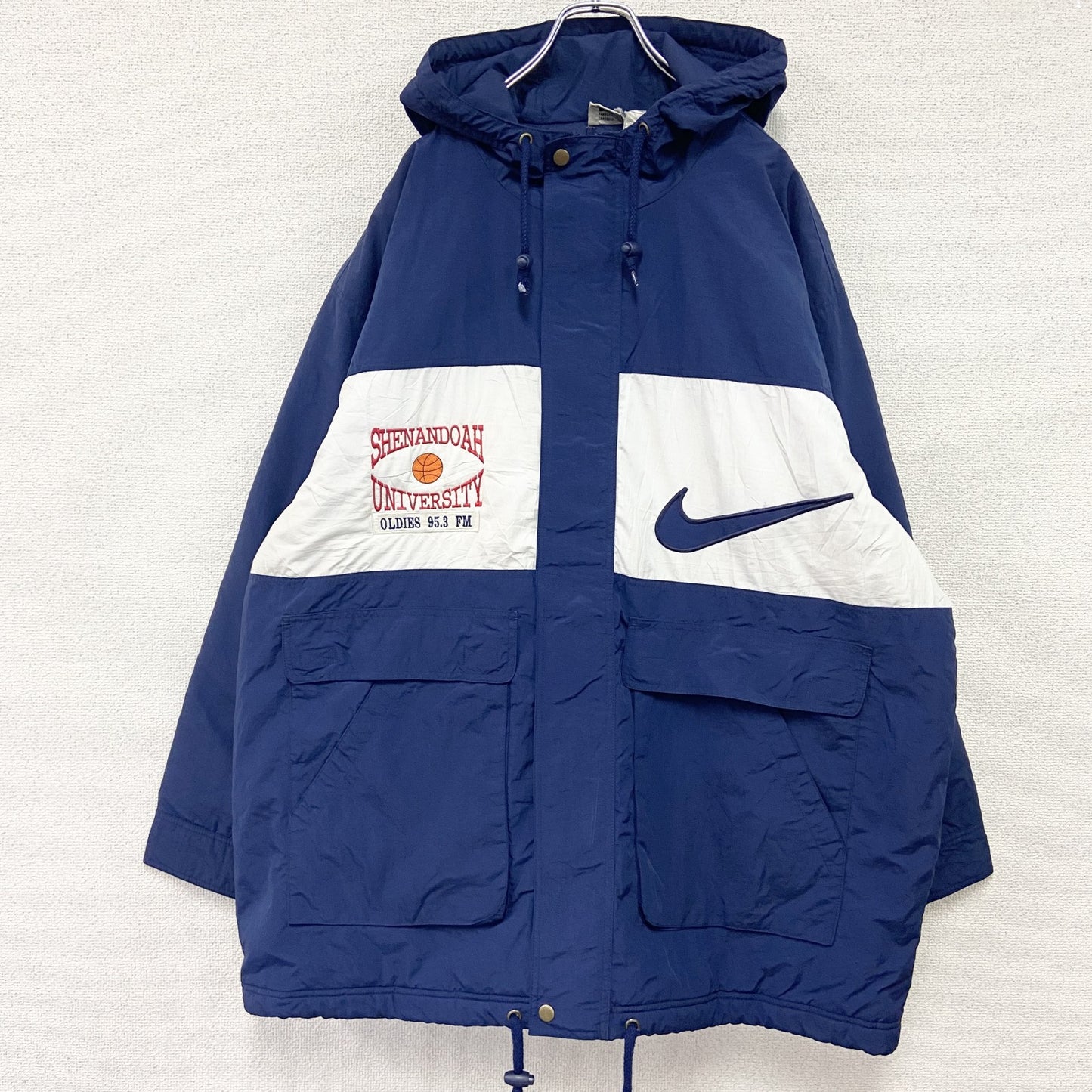 90s　NIKE　ナイキ　モッズコート　ベンチコート　中綿入りナイロンパーカー　ヴィンテージ　紺　ネイビー　XLサイズ