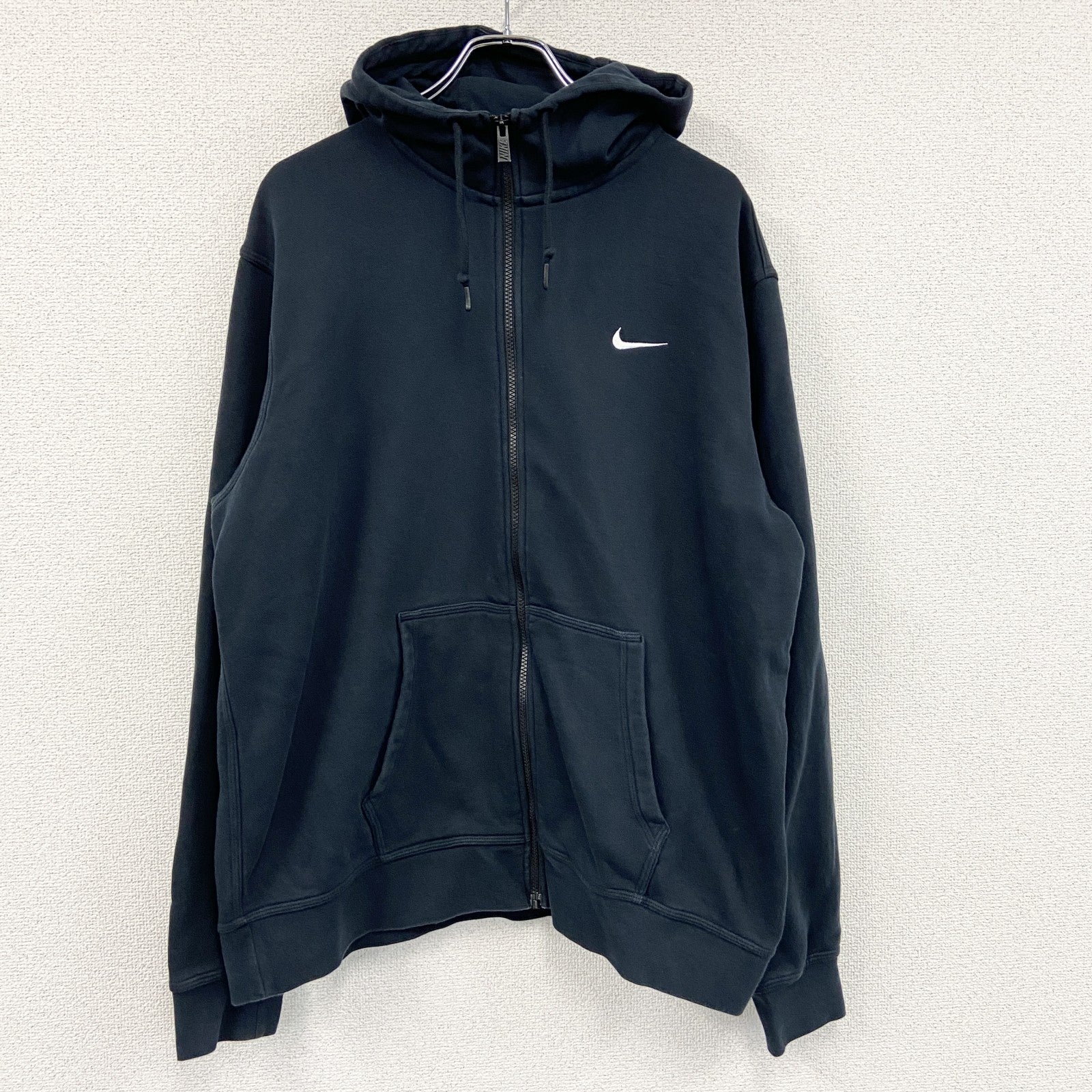 NIKE　ナイキ　フルジップスウェットパーカー/フーディー　ハイネック　スウッシュ　黒　ブラック　2XLサイズ トレーナー スウェットトップス フード付き 古着