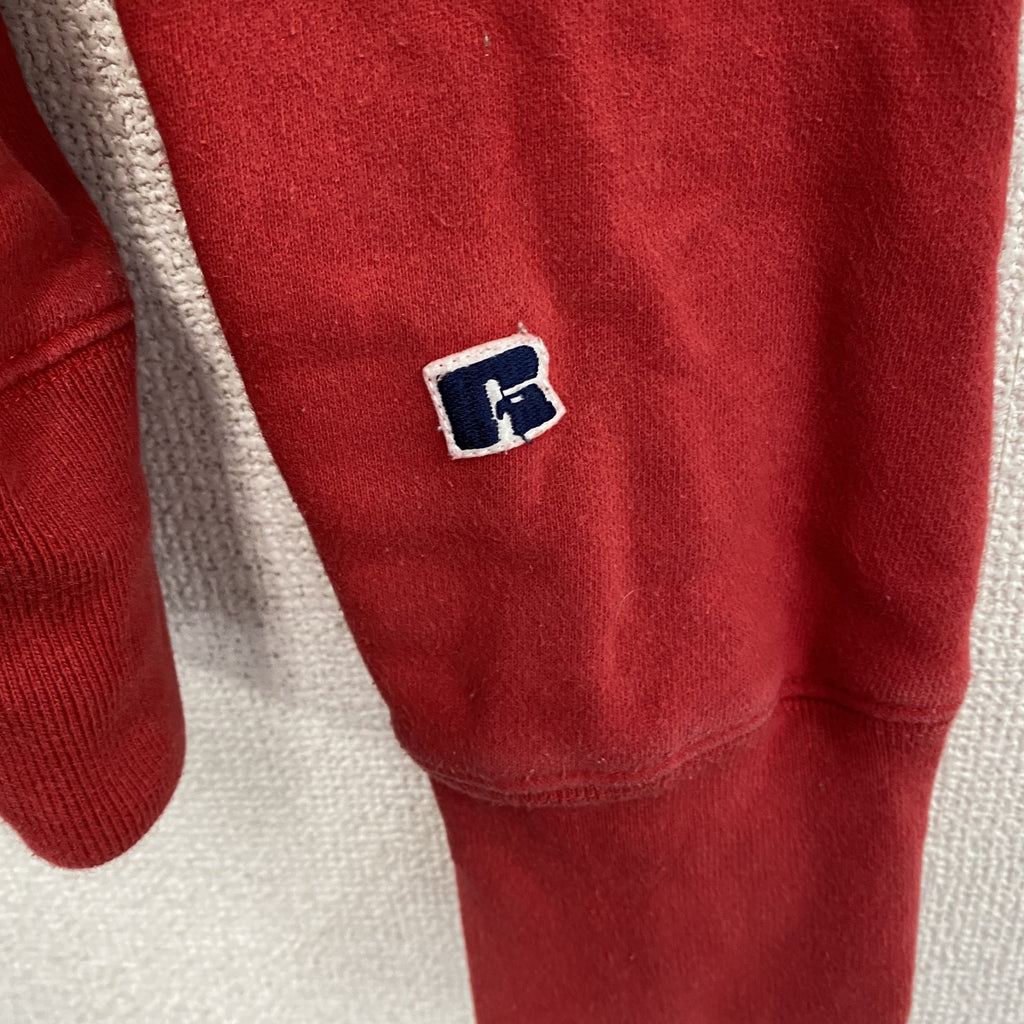 RUSSELL　ラッセル　スウェットパーカー/フーディー　カレッジプリント　前V　赤　レッド　Mサイズ　古着