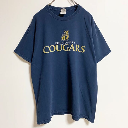 古着 used　GILDAN　ギルダン　半袖ロゴプリントTシャツ　クルーネック　COUGARS　ネイビー　春夏服　Lサイズ