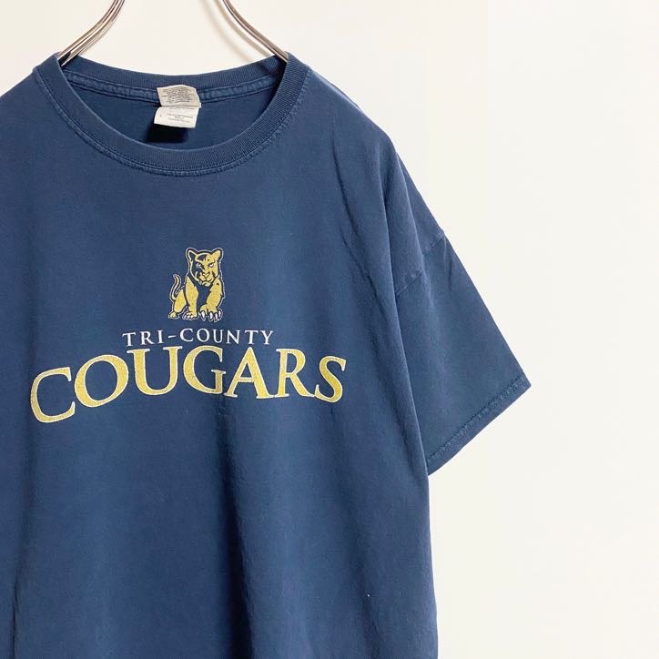 古着 used　GILDAN　ギルダン　半袖ロゴプリントTシャツ　クルーネック　COUGARS　ネイビー　春夏服　Lサイズ