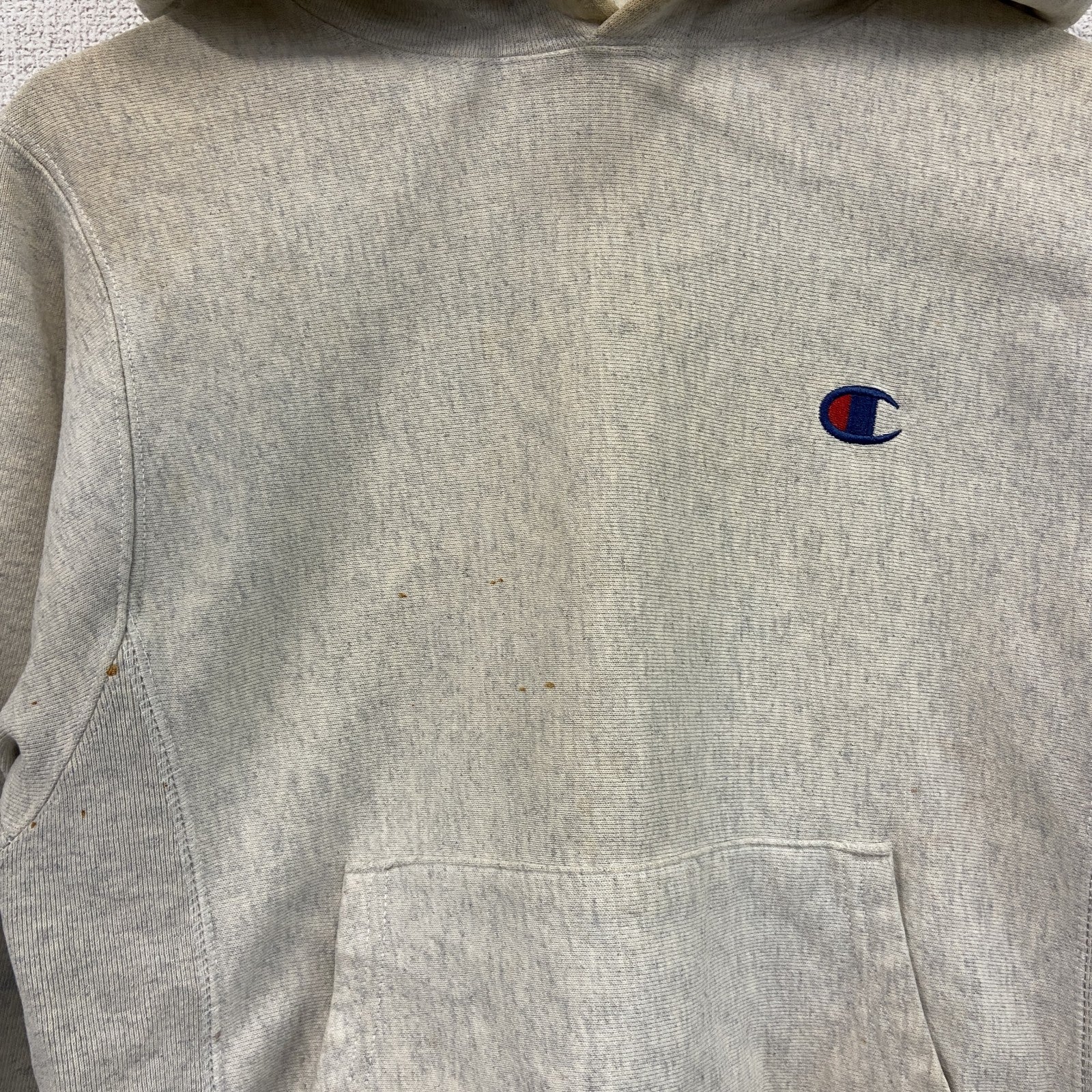 Champion　チャンピオン　リバースウィーブ　スウェットパーカー/フーディー　刺繍ロゴ　ワンポイント　霜降りグレー　XSサイズ トレーナー スウェットトップス フード付き 古着