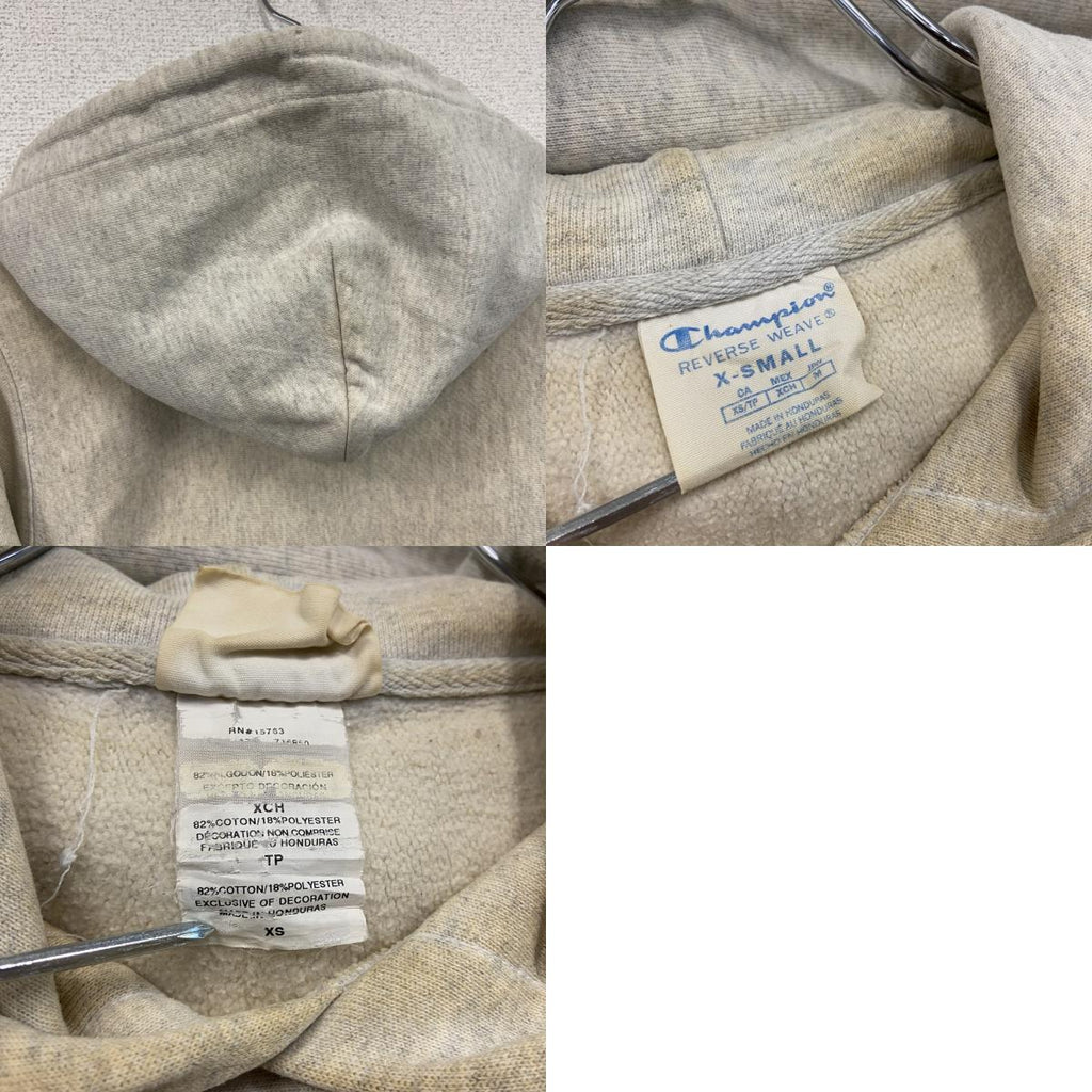 Champion　チャンピオン　リバースウィーブ　スウェットパーカー/フーディー　刺繍ロゴ　ワンポイント　霜降りグレー　XSサイズ トレーナー スウェットトップス フード付き 古着