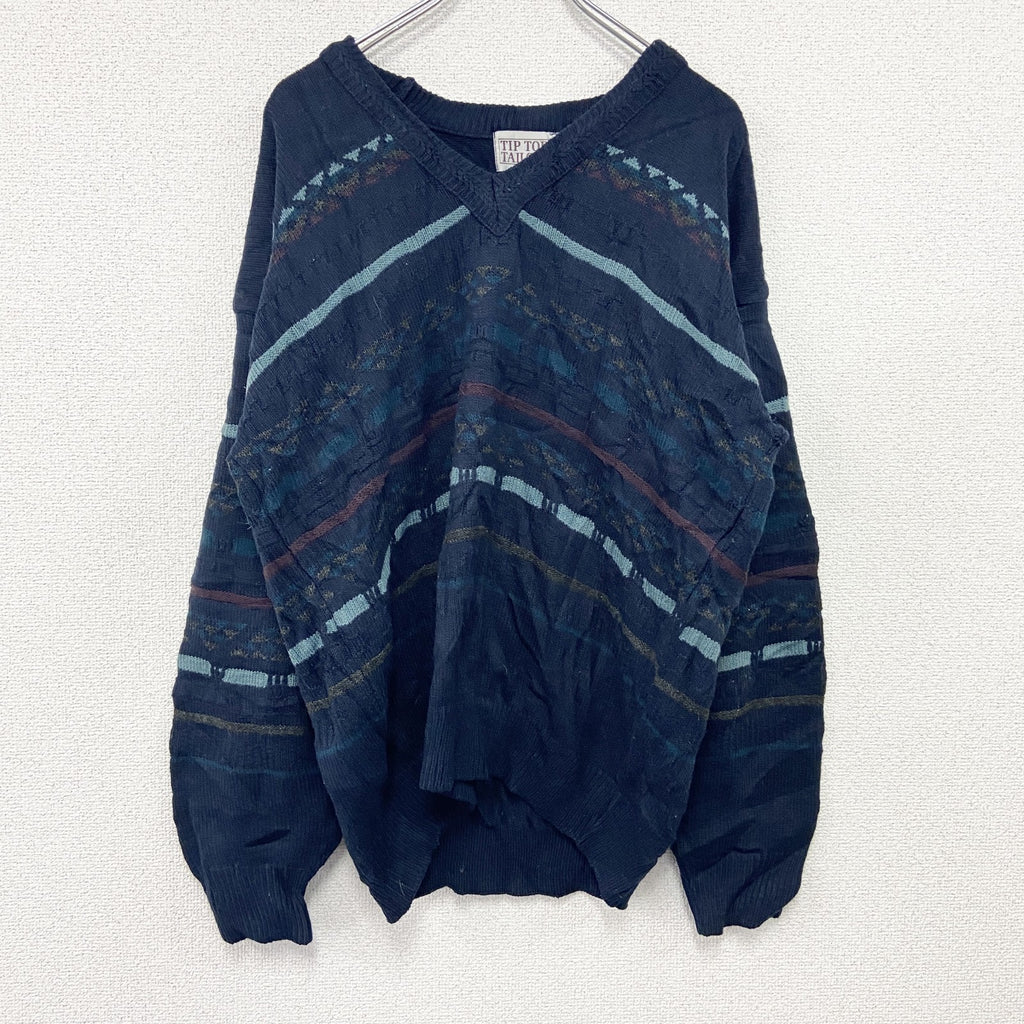 ～90s　TIP TOP TAILORS　アクリルニットセーター　ヴィンテージ　総柄　紺　ネイビー　Lサイズ　古着
