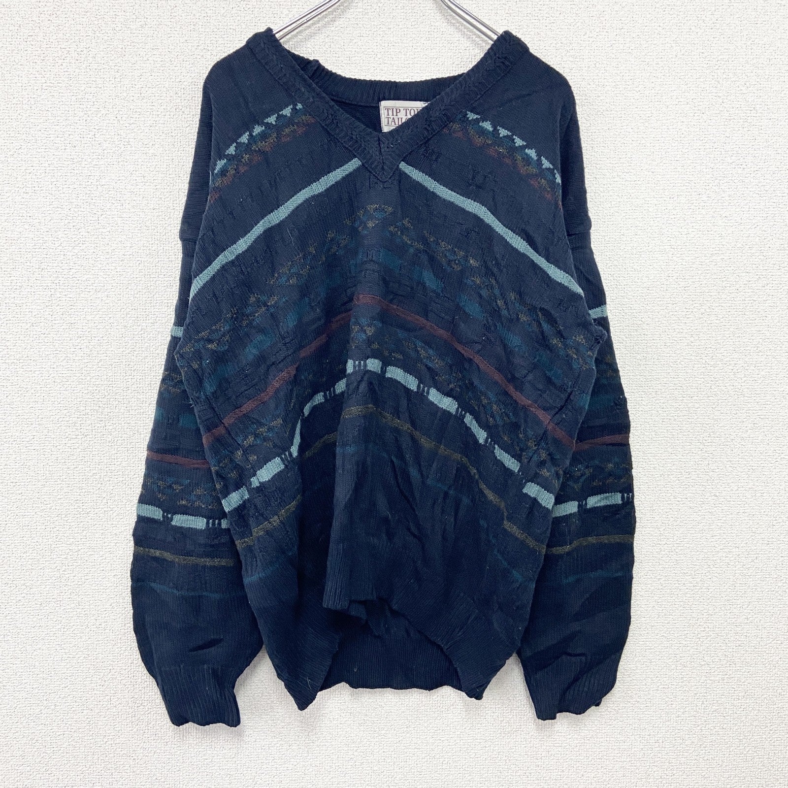 ～90s　TIP TOP TAILORS　アクリルニットセーター　ヴィンテージ　総柄　紺　ネイビー　Lサイズ　古着