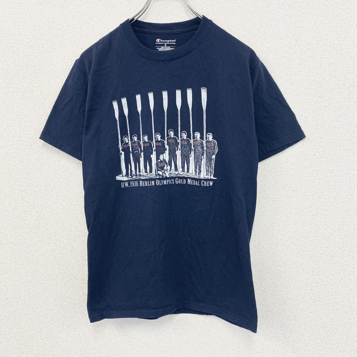 champion　チャンピオン　半袖プリントTシャツ　ベルリンオリンピック　刺繍ロゴ　クルーネック　現行　紺　ネイビー　Sサイズ　古着