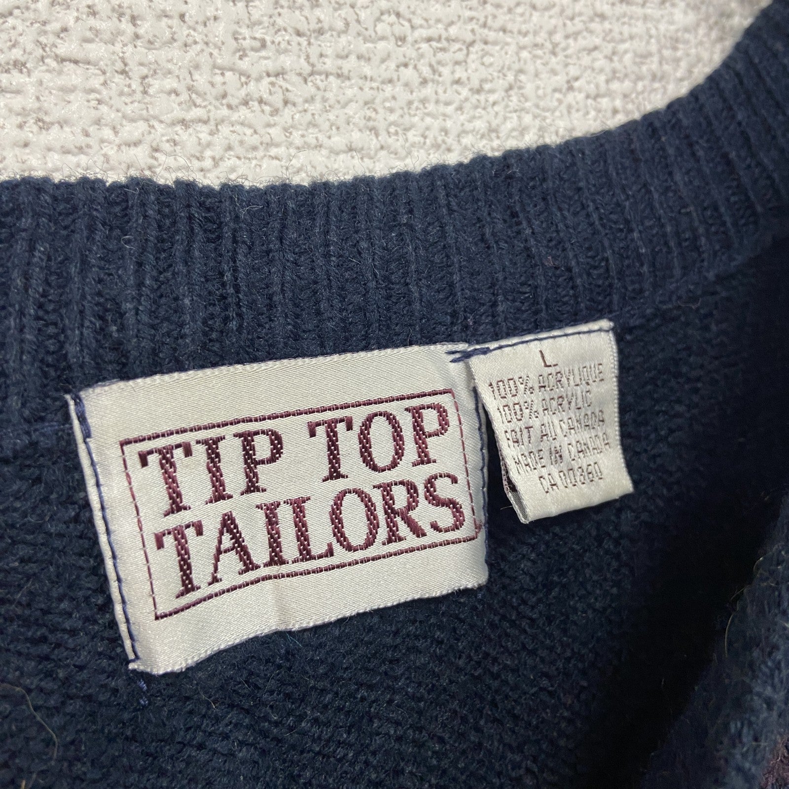 ～90s　TIP TOP TAILORS　アクリルニットセーター　ヴィンテージ　総柄　紺　ネイビー　Lサイズ　古着