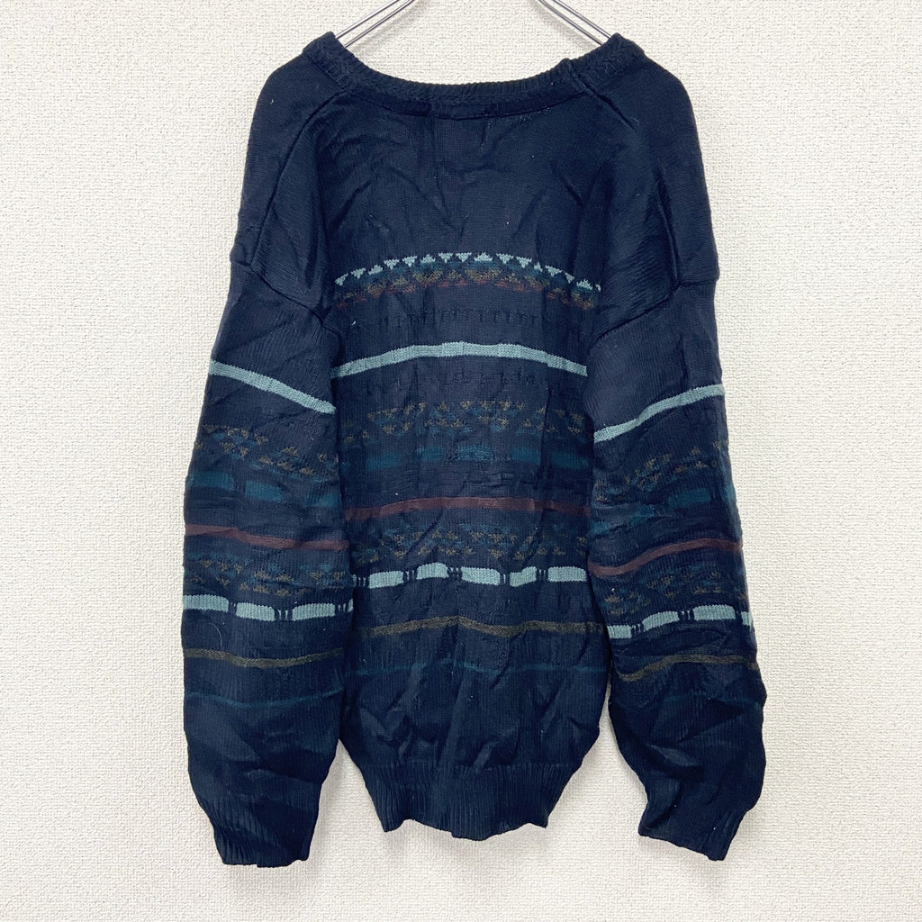 ～90s　TIP TOP TAILORS　アクリルニットセーター　ヴィンテージ　総柄　紺　ネイビー　Lサイズ　古着