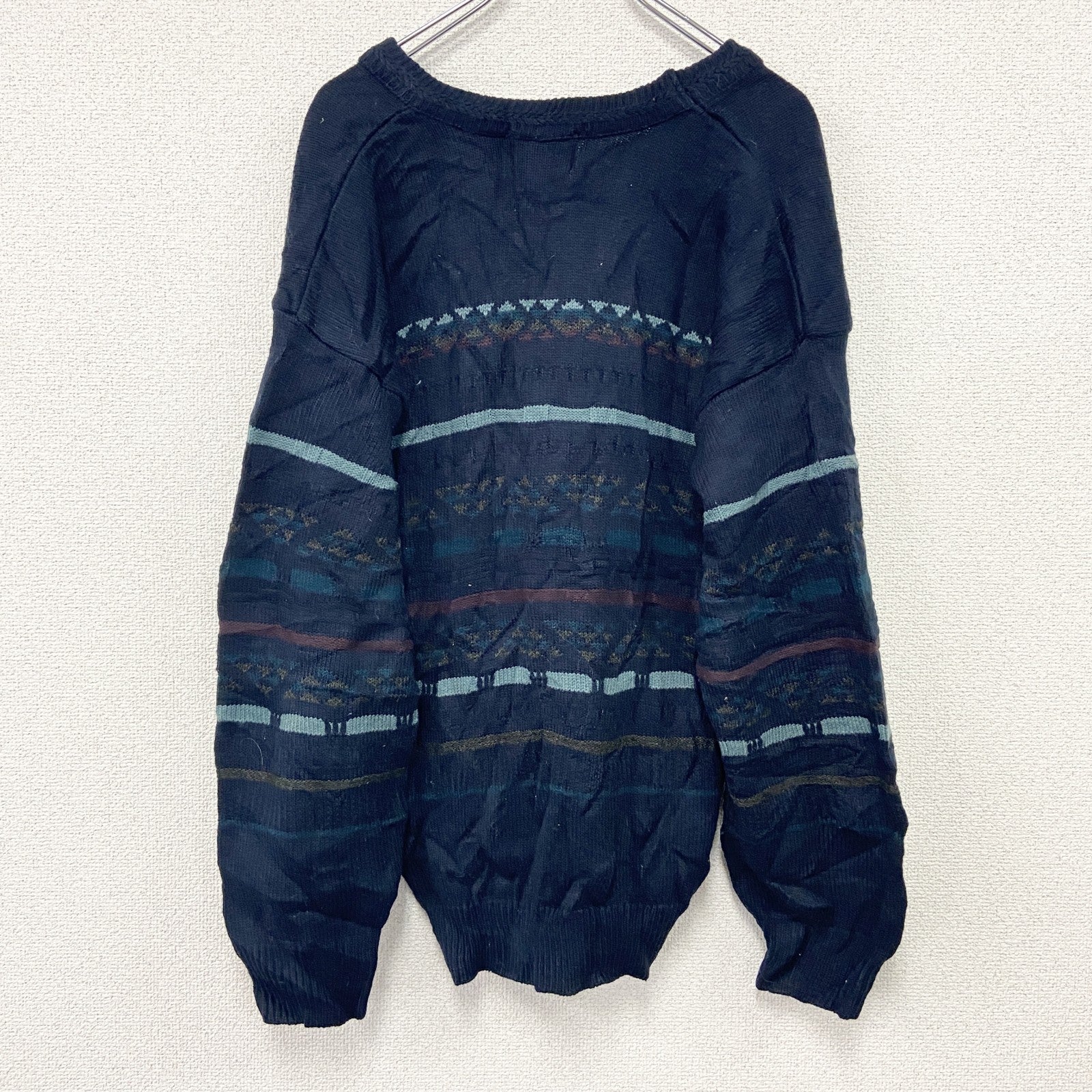 ～90s　TIP TOP TAILORS　アクリルニットセーター　ヴィンテージ　総柄　紺　ネイビー　Lサイズ　古着