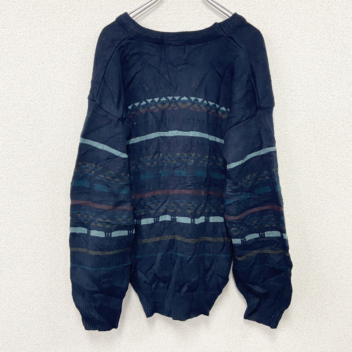 ～90s　TIP TOP TAILORS　アクリルニットセーター　ヴィンテージ　総柄　紺　ネイビー　Lサイズ　古着