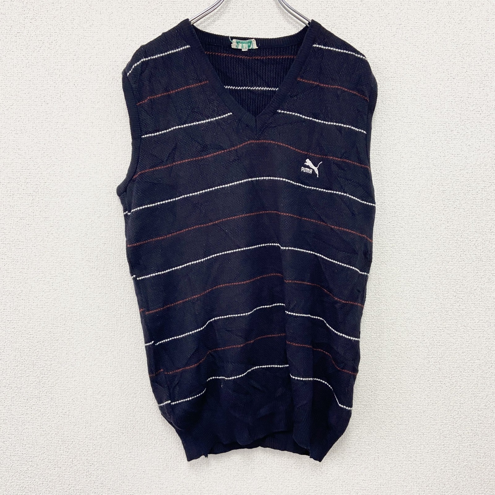 ～80s　PUMA　プーマ　ウールニットベスト　ヴィンテージ　紺　ネイビー　古着