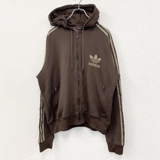 古着 used　adidas　アディダス　デカロゴジャージパーカー　フード付きトラックジャケット　フルジップ　茶色　XLサイズ