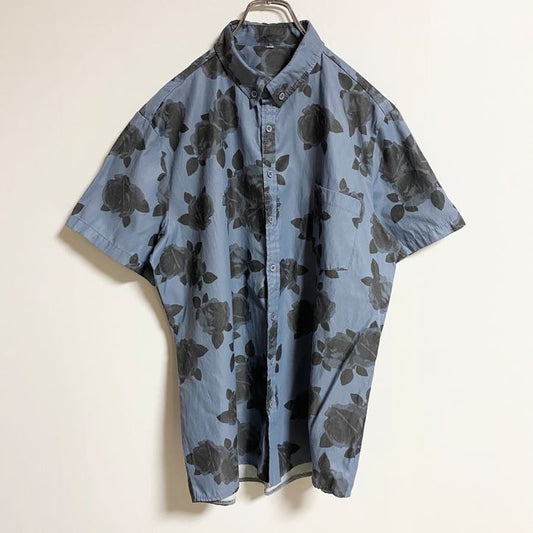 古着 used　半袖総柄シャツ　花柄　アロハシャツ　バラ　青　ブルー　レトロデザイン　ビックシルエット　XXLサイズ