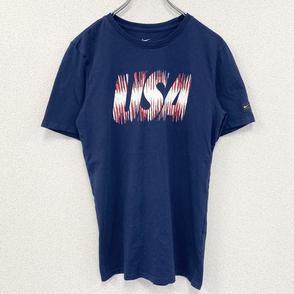 NIKE ナイキ　半袖プリントTシャツ　USA　クルーネック　カジュアルデザイン　ネイビー　紺　レトロ　Sサイズ　古着
