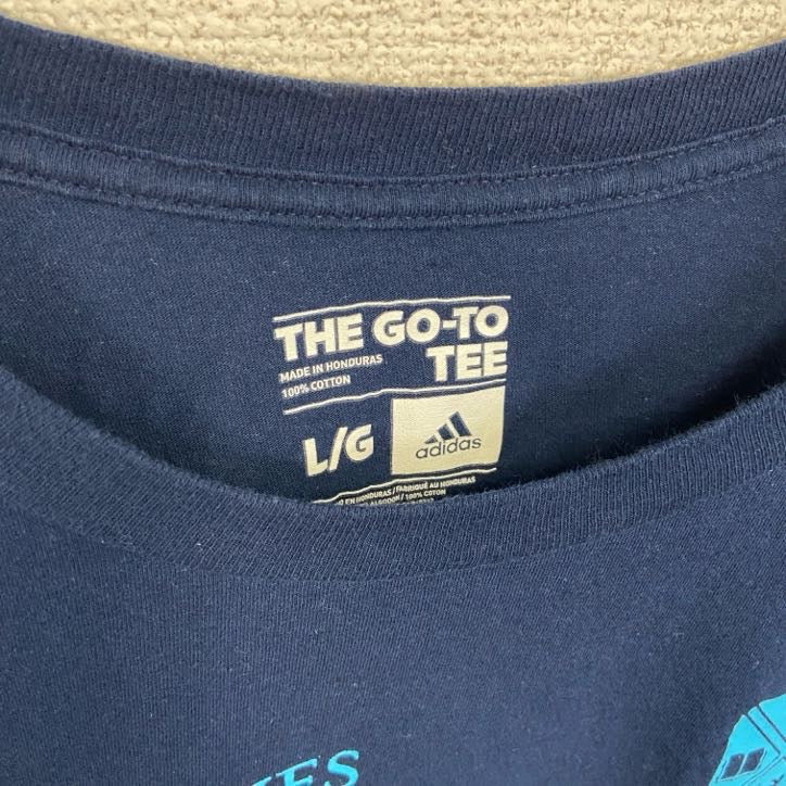 adidas　アディダス　半袖プリントTシャツ　ボブジョーンズ　紺　ネイビー　Lサイズ　古着