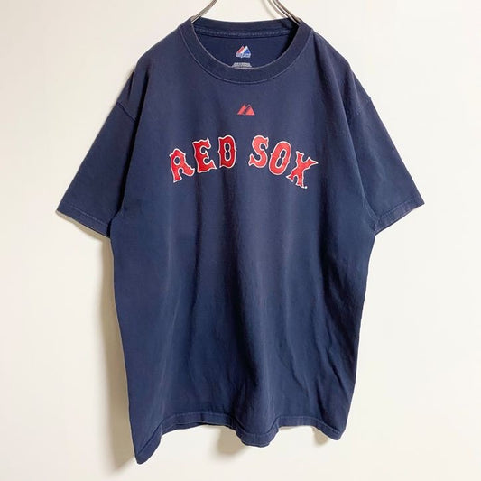 古着 used　Majestic マジェスティック　MLB　RED SOX　半袖オフィシャルプリントＴシャツ　ネイビー　Ｌサイズ