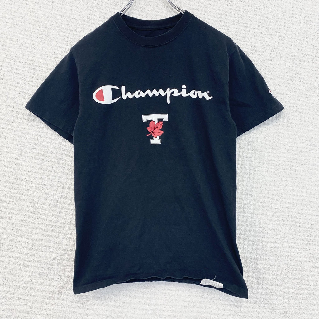 champion　チャンピオン　半袖プリントTシャツ　デカロゴ　刺繍ロゴ　クルーネック　黒　ブラック　Sサイズ　古着