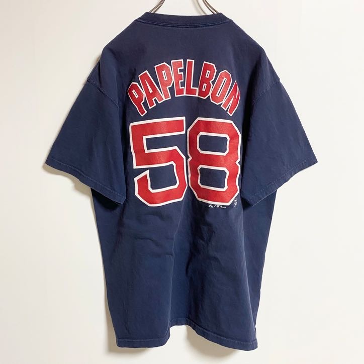 古着 used　Majestic マジェスティック　MLB　RED SOX　半袖オフィシャルプリントＴシャツ　ネイビー　Ｌサイズ