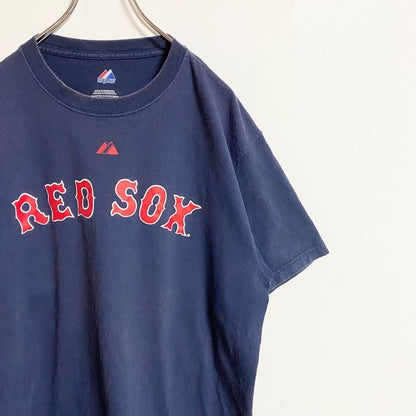 古着 used　Majestic マジェスティック　MLB　RED SOX　半袖オフィシャルプリントＴシャツ　ネイビー　Ｌサイズ