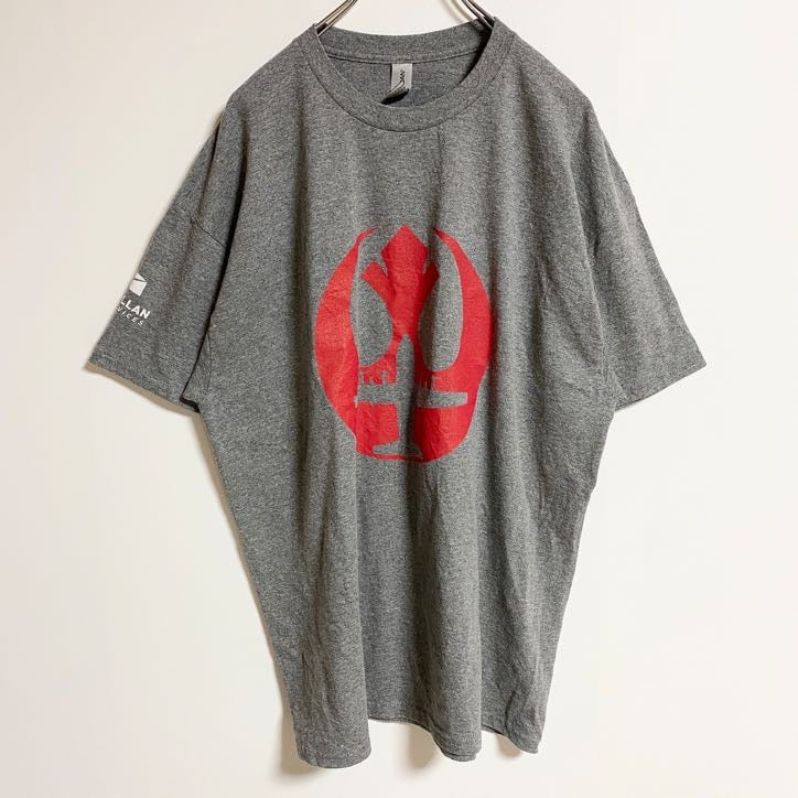 GILDAN ギルダン　半袖プリントTシャツ　クルーネック　グレー　灰色　レッド　赤　ビックシルエット　XLサイズ　古着