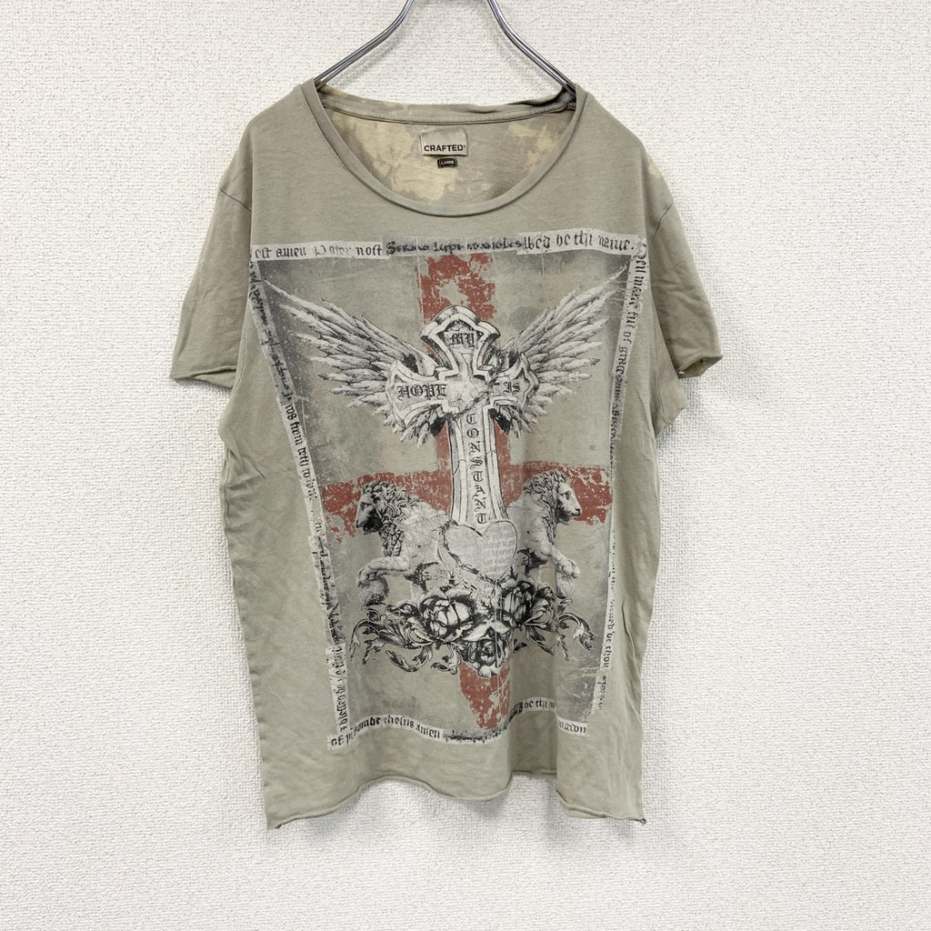 CRAFTED　半袖プリントTシャツ　十字架　ライオン　灰色　グレー　Lサイズ　古着