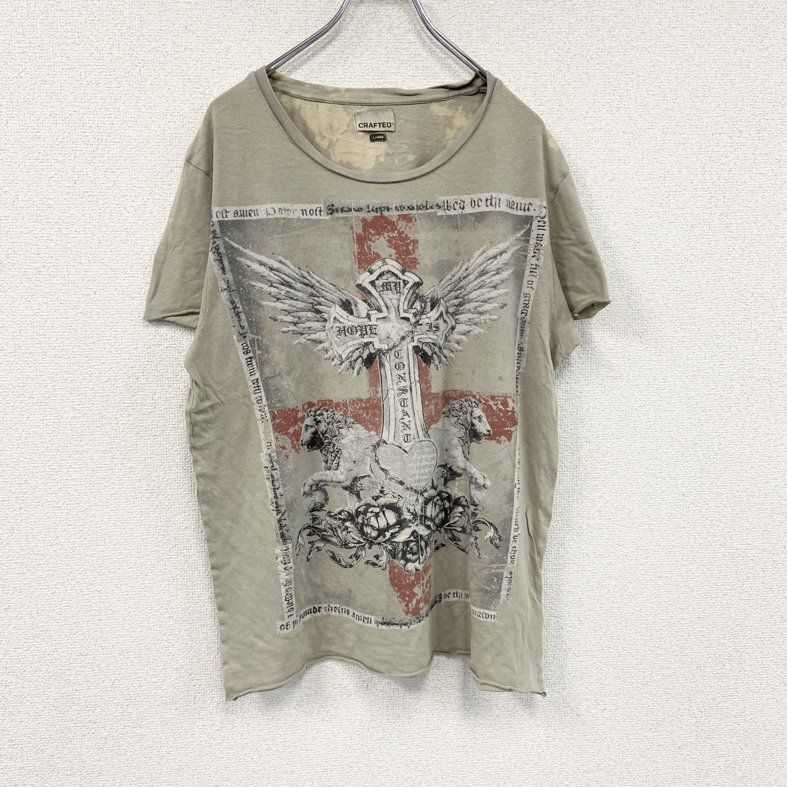 CRAFTED　半袖プリントTシャツ　十字架　ライオン　灰色　グレー　Lサイズ　古着