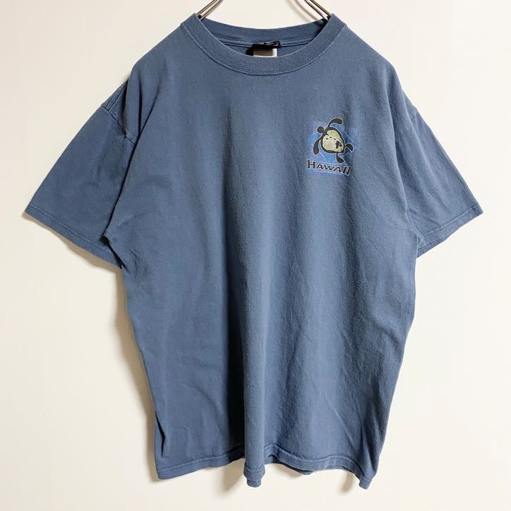 古着 used　PERFORMANCE　半袖バックプリントTシャツ　ハワイ　くすみブルー　クルーネック　Lサイズ