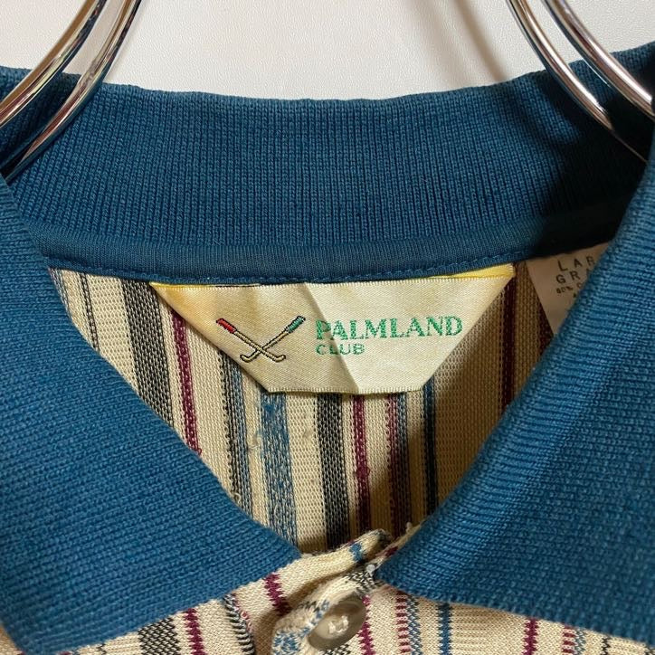 古着 used　PALMLAND CLUB　半袖ポロシャツ　ストライプ柄　ワンポイント刺繍　マルチカラー　Lサイズ