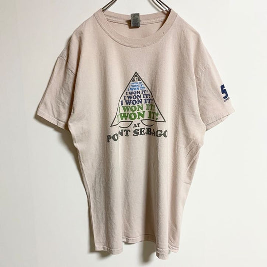 古着 used　GILDAN ギルダン　半袖プリントTシャツ　POINT SEBAGO　薄ピンク　クルーネック　春夏服　Lサイズ