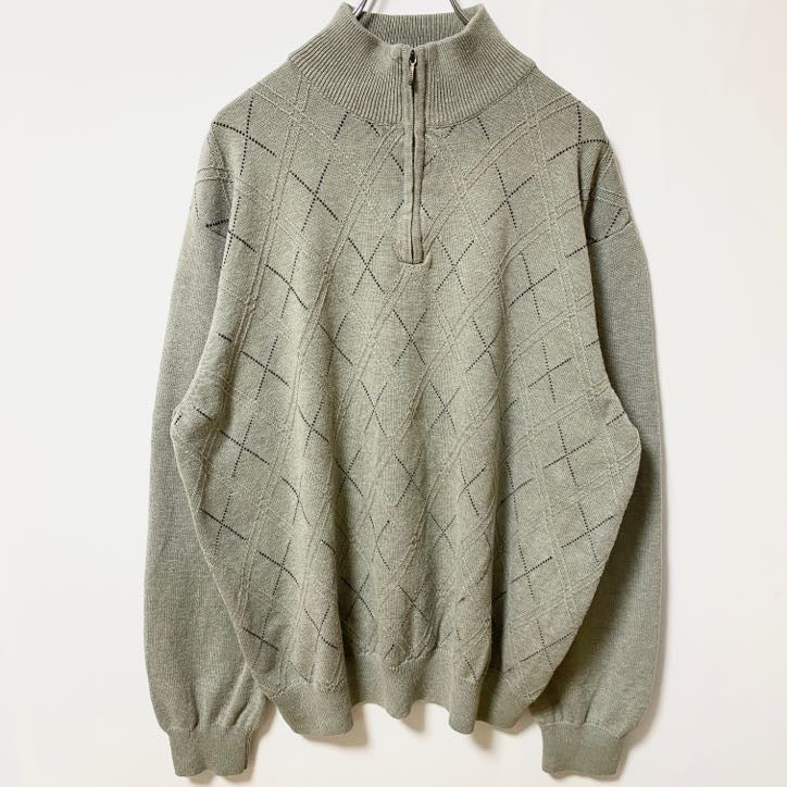 IZOD　アイゾッド　ハーフジップニットセーター　総柄　灰色　グレー　XLサイズ　古着