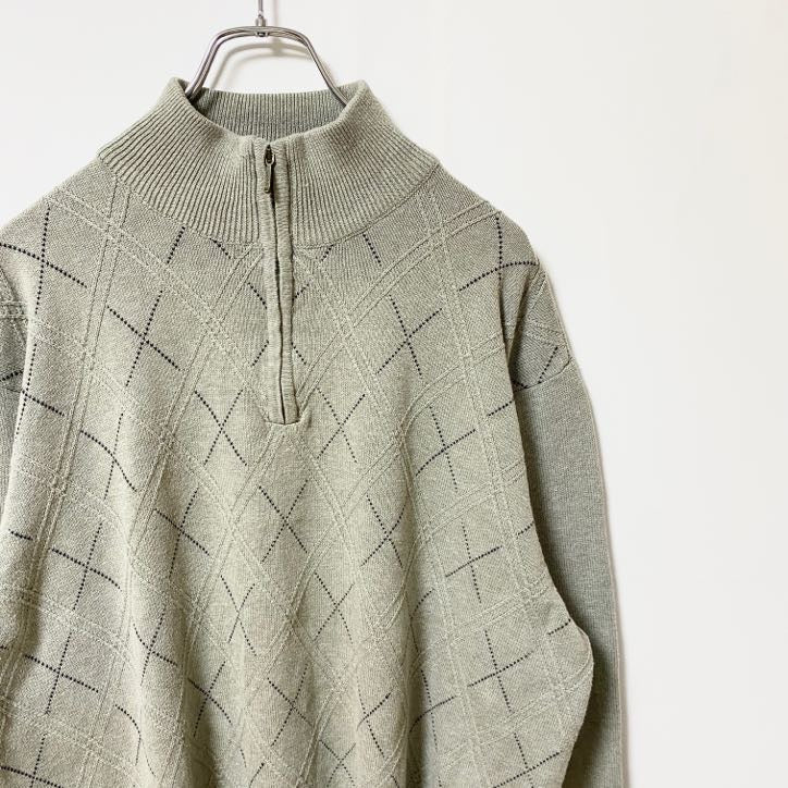 IZOD　アイゾッド　ハーフジップニットセーター　総柄　灰色　グレー　XLサイズ　古着