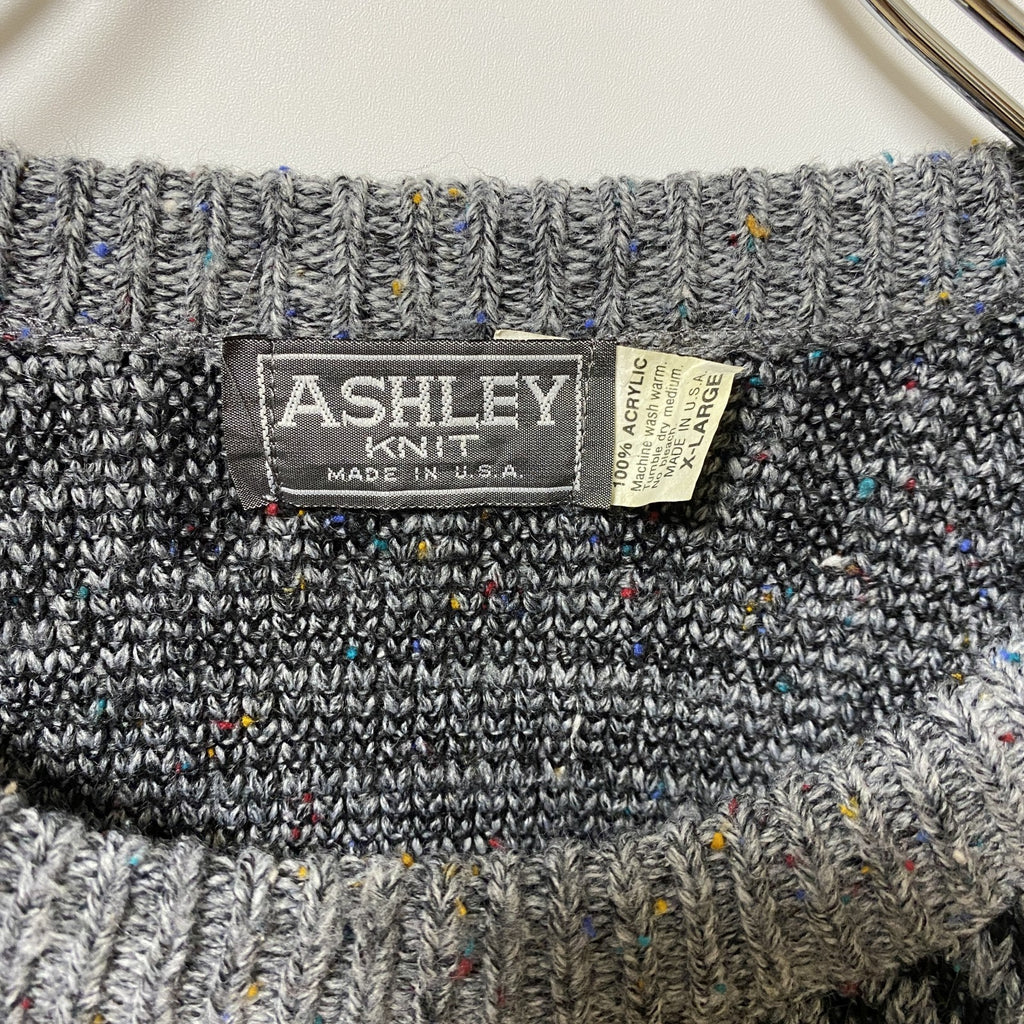 ～90s　ASHLEY　アクリルニットセーター　ビックシルエット　幾何学模様　ヴィンテージ　総柄　灰色　グレー　XLサイズ　古着