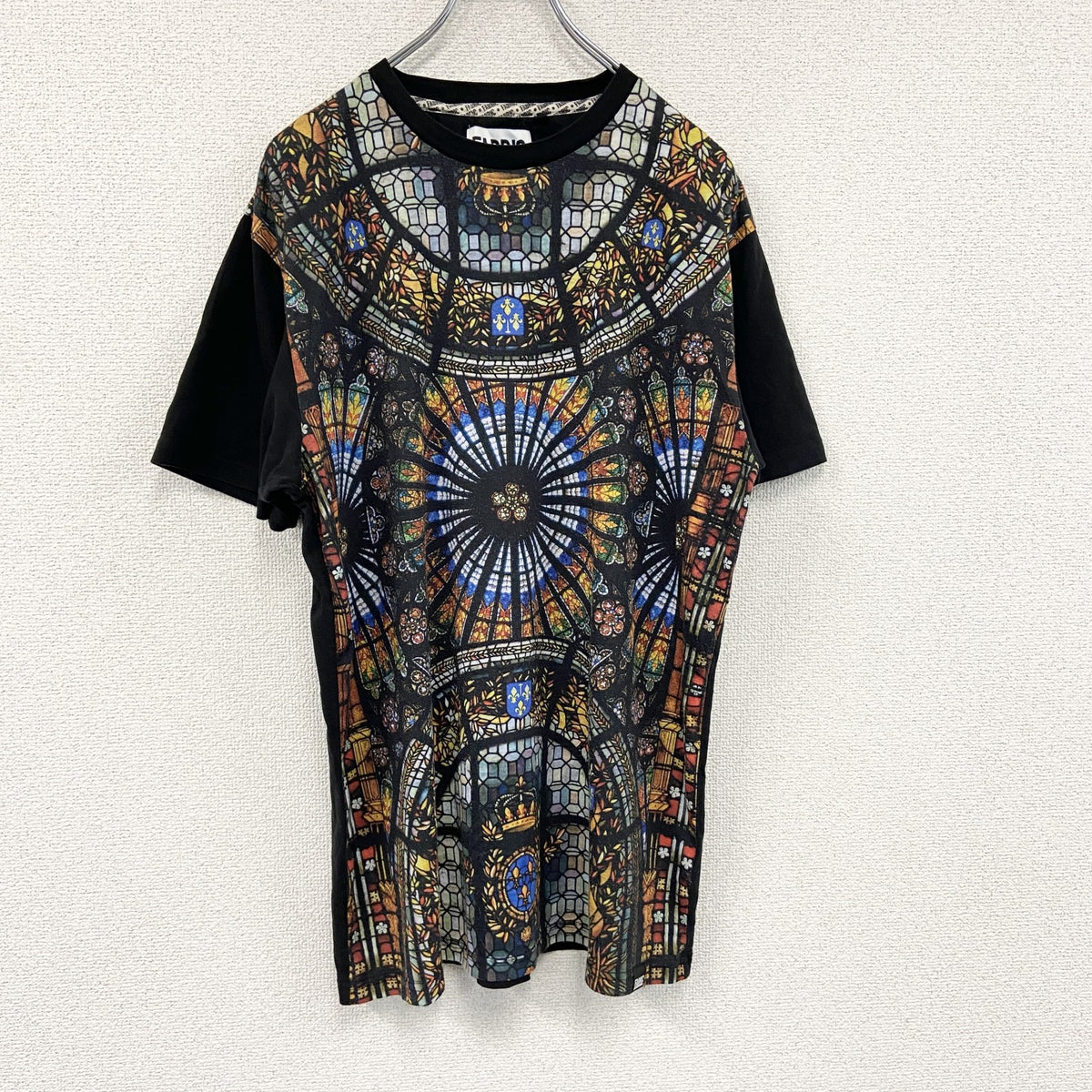 FABRIC　半袖プリントTシャツ　ステンドグラス　前面プリント　ビックプリント　クルーネック　総柄　黒　ブラック　XLサイズ　古着