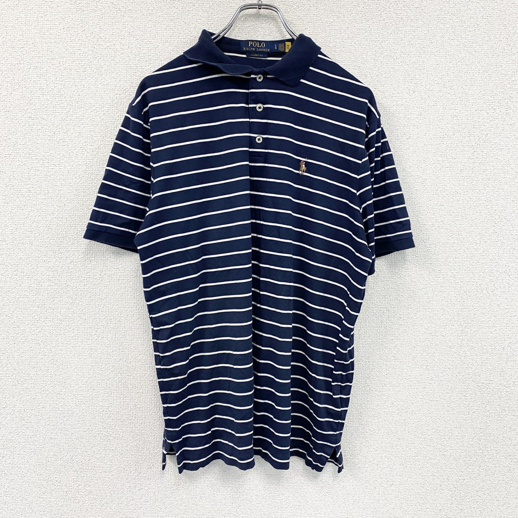 POLO RALPH LAUREN　ラルフローレン　半袖ポロシャツ　刺ロゴ　ボーダー柄　紺　ネイビー　Lサイズ　古着